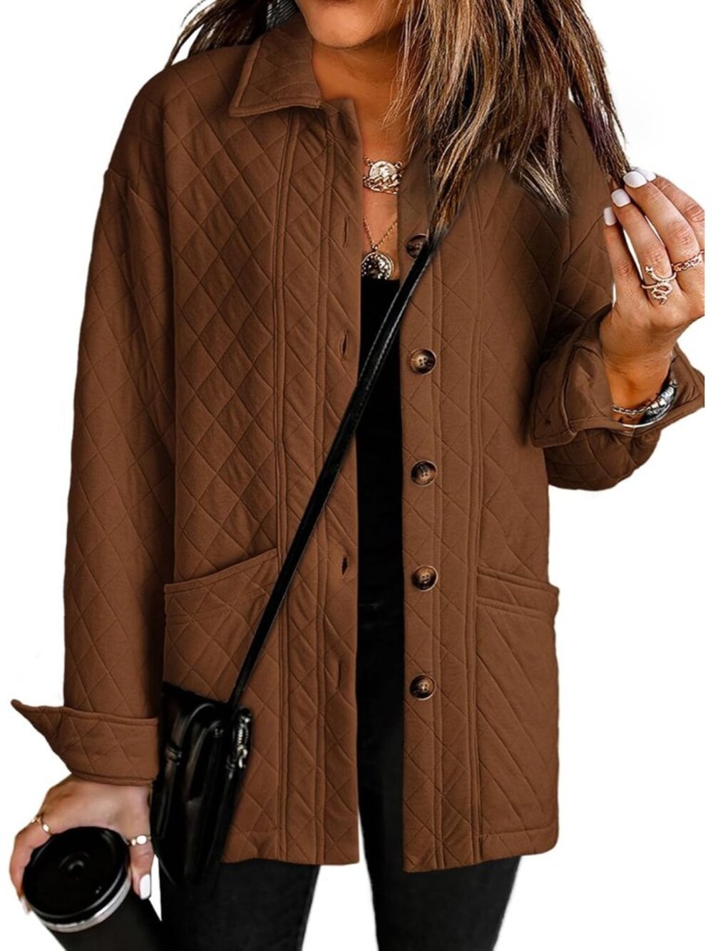 〽️Women Brown Quilted Casual Lightweight Button Down Collared Pocket Sleeve Coat